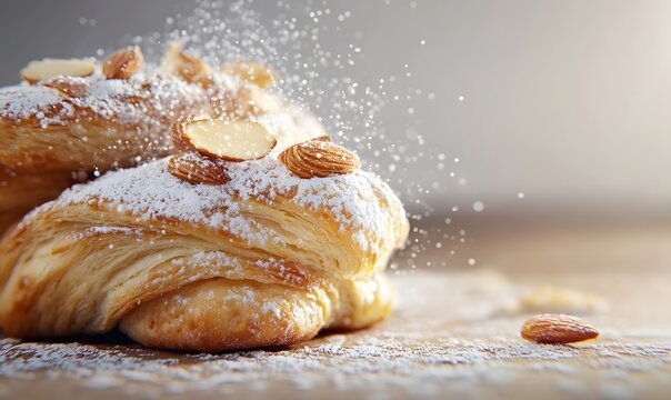french almond crossiant pastry with buttery golden folds, lots of powdered sugar, and almonds on top, Generative AI