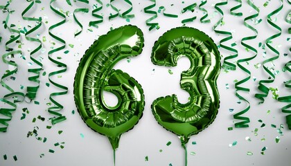 Green balloon number 63 for sixty-third birthday or anniversary party. White background with confetti