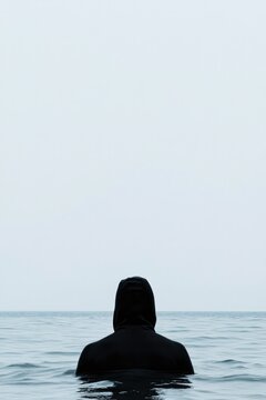 Solitary figure in dark hoodie stands in calm water, evoking mys