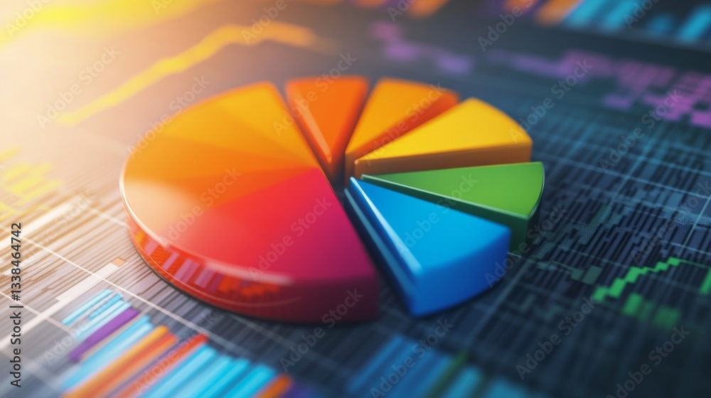 Poster a sophisticated d pie chart with segmented pieces reflecting light, showcasing comparative financial