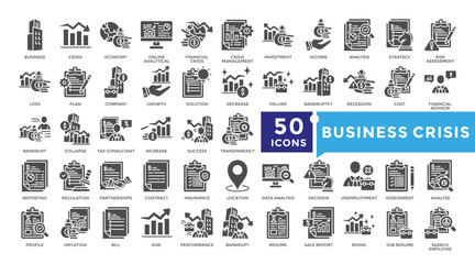 Business crisis icon set in Glyph style. Collection Including increase, loss, crisis, bankruptcy, recession, inflation and more. Simple vector icon collection
