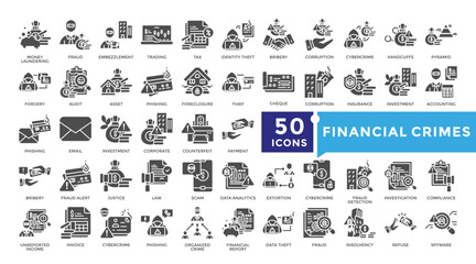 Financial crimes icon set in Glyph style. Collection includes investigation, justice, trading, phishing, money laundering and more. Simple vector icon collection
