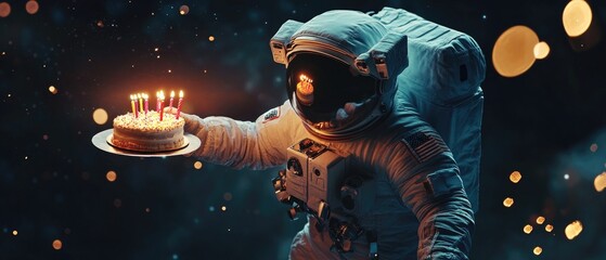 Astronaut holds cake with lit candles, perfect for celebrations or space-themed events