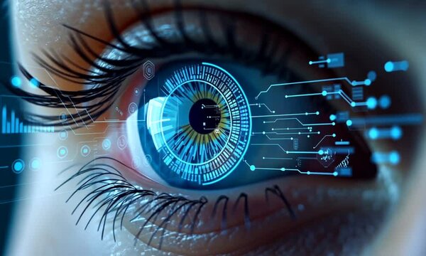 Close-up of a blue futuristic digital eye with cyber elements	
