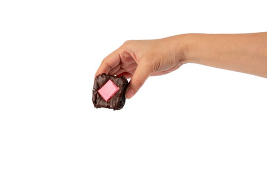 Brownie dessert in hand on transparent background.