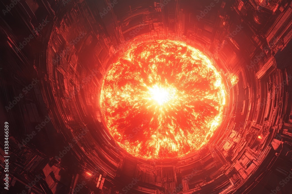 Poster Celestial event showcasing a vibrant sun-like star surrounded by a futuristic structure in deep space