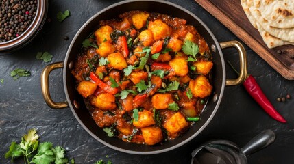 A top-down view of aloo gobi cooking in a pan, with spices and fresh vegetables sizzling together, emphasizing the delicious aromas filling the kitchen.
