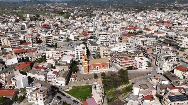 Aerial view of Ekklisia Agia Kiriaki church near the main square of Pyrgos, Elis, peloponnese Greece