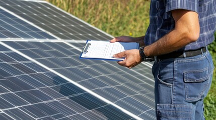 Technician Inspecting Solar Panels with Clipboard 6x High Fidelity