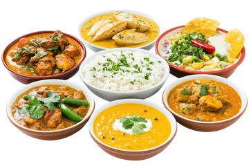 Assorted Indian Dishes Served in Bowls with Rice and Sides