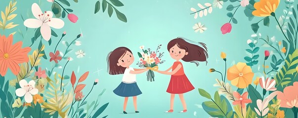 Two girls exchanging bouquet of flowers in blooming garden