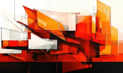 Geometric abstraction of a futuristic building. Angular shapes in oranges and white. Linear elements add structure