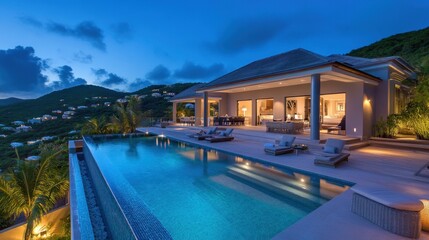 Fototapeta premium A luxurious modern villa with an ultra-modern swimming pool, stylish poolside furniture, and soft night lighting.