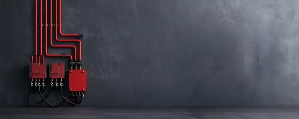 smart grid distribution management concept. Industrial pipes and fixtures on a textured gray wall.