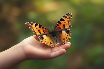 Obraz premium Butterfly resting on a child's hand in a lush garden during a sunny afternoon