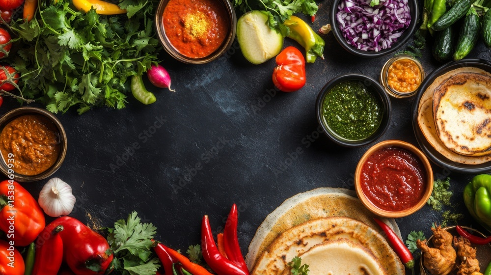 Aufkleber a top-down view of a festive table set with dosas, chutneys, and fresh vegetables, creating a colorf