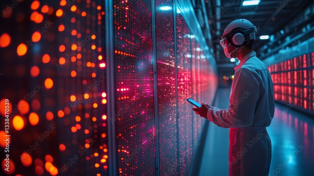 Poster A technician in a lab coat examines a handheld device while standing next to a wall of glowing quantum computing modules. The atmosphere is filled with red and orange lights.