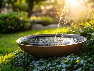 Solar-powered water fountain in a lush backyard garden nature scene tranquil environment serene viewpoint for relaxation