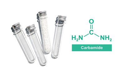Carbamide in PET preform bottle with molecular structure. Chemical ingredient used in medical and...