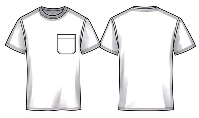 Short sleeve t-shirt T shirt with pocket design template, front and back view. Blank T Shirt for mockup, vector illustration.