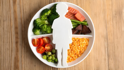 childhood obesity Diet lifestyle Healthy meal concept featuring a plate divided into sections with vegetables, proteins, and a silhouette of a child.