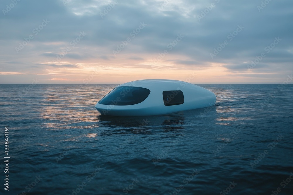 Poster futuristic vessel floating on calm water during twilight with a serene sky backdrop