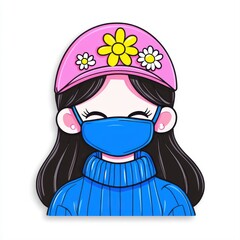 Fototapeta premium Cute girl illustration wearing face mask and colorful hat, smiling, in flat vector style design for graphics