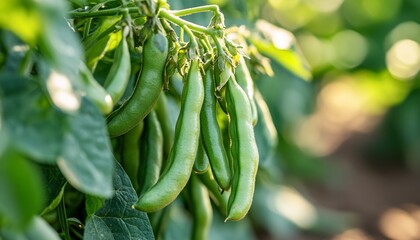 Close-Up of Fresh Green Beans Growing on Vine in Garden, Organic Vegetables, Summer Harvest