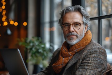 Obraz premium Mature man working on laptop while enjoying cozy café atmosphere in autumn