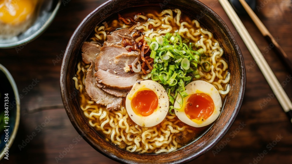 Poster A top-down view of a ramen dish with thick noodles and an assortment of toppings, served in a rustic bowl with chopsticks resting on the side for an authentic touch.