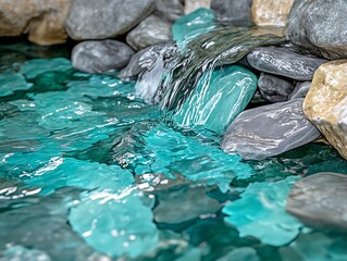 Bubbling spring water flowing through bright teal and grey stones