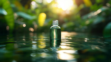 glass bottle filled with green liquid floats calm water, surrounded by lush greenery