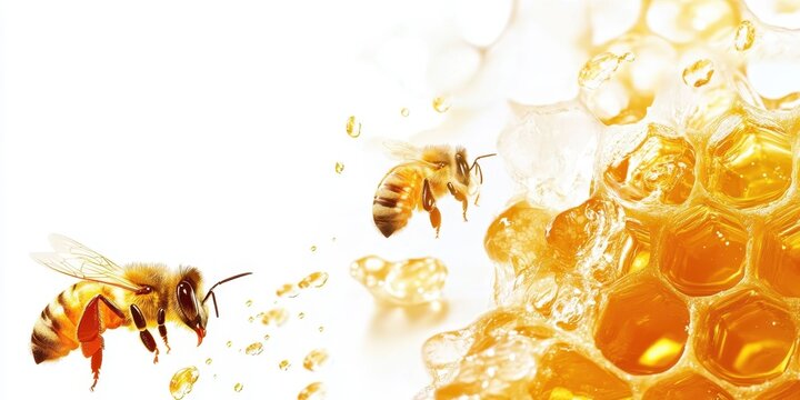 Golden Nectar: Bees buzzing around a honeycomb, glistening with droplets of delicious, golden nectar. The epitome of natural sweetness.
