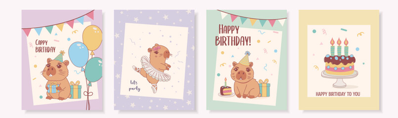 Birthday card designs set featuring cute capybara with balloon, ballet capy with birthday cake with candles. Perfect for greeting cards, birthday wishes and party invitations © Antonina