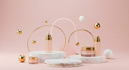 Elegant display of skincare products with gold and marble accents on a pink background.