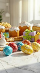 Colorful Easter eggs with traditional patterns, cakes, and gifts in a sunlit room