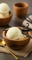 Vanilla ice cream scoops in a wooden bowl with vanilla pods