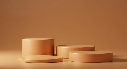 Minimalist display podiums in warm tones with soft lighting, ideal for product showcasing.