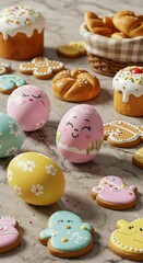 Colorful Easter eggs and cookies on a marble table, featuring cute designs