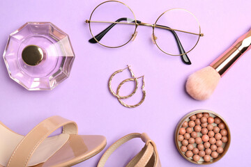 Shoes, perfume and stylish accessories on lilac background, flat lay