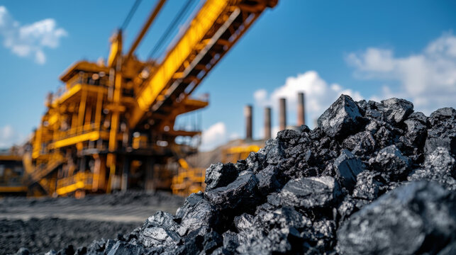 ESG Business Risk, Coal mining site with machinery under blue sky