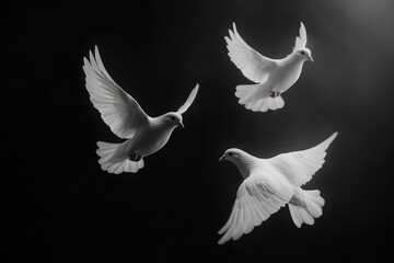 A group of white birds soaring through the sky