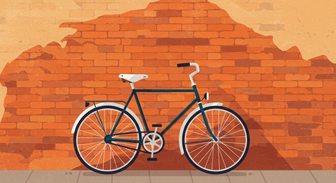 A simple yet elegant flat design of a bicycle leaning against a brick wall