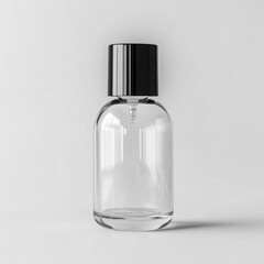 Clear glass bottle with black cap, ideal for commercial product graphy