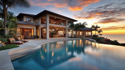 Obraz premium A modern beachfront home with a sleek infinity-edge pool, palm trees, and a sunset ocean backdrop.