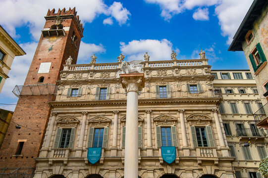 Verona, Italy. Piazza delle Erbe square with Palazzo Maffei palace