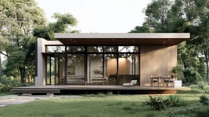 A modern cube-shaped residence with an open-concept design, large sliding glass doors, and a minimalist deck area.