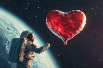 Obraz premium An astronaut holds a heart-shaped balloon above the Earth, a symbol of love and space exploration