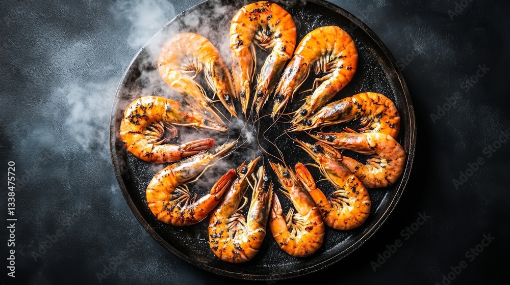 Poster a top-down view of large grilled prawns arranged in a circle on a platter, with steam rising and a g