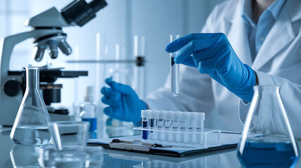 Scientist in a lab coat handling test tubes with liquids